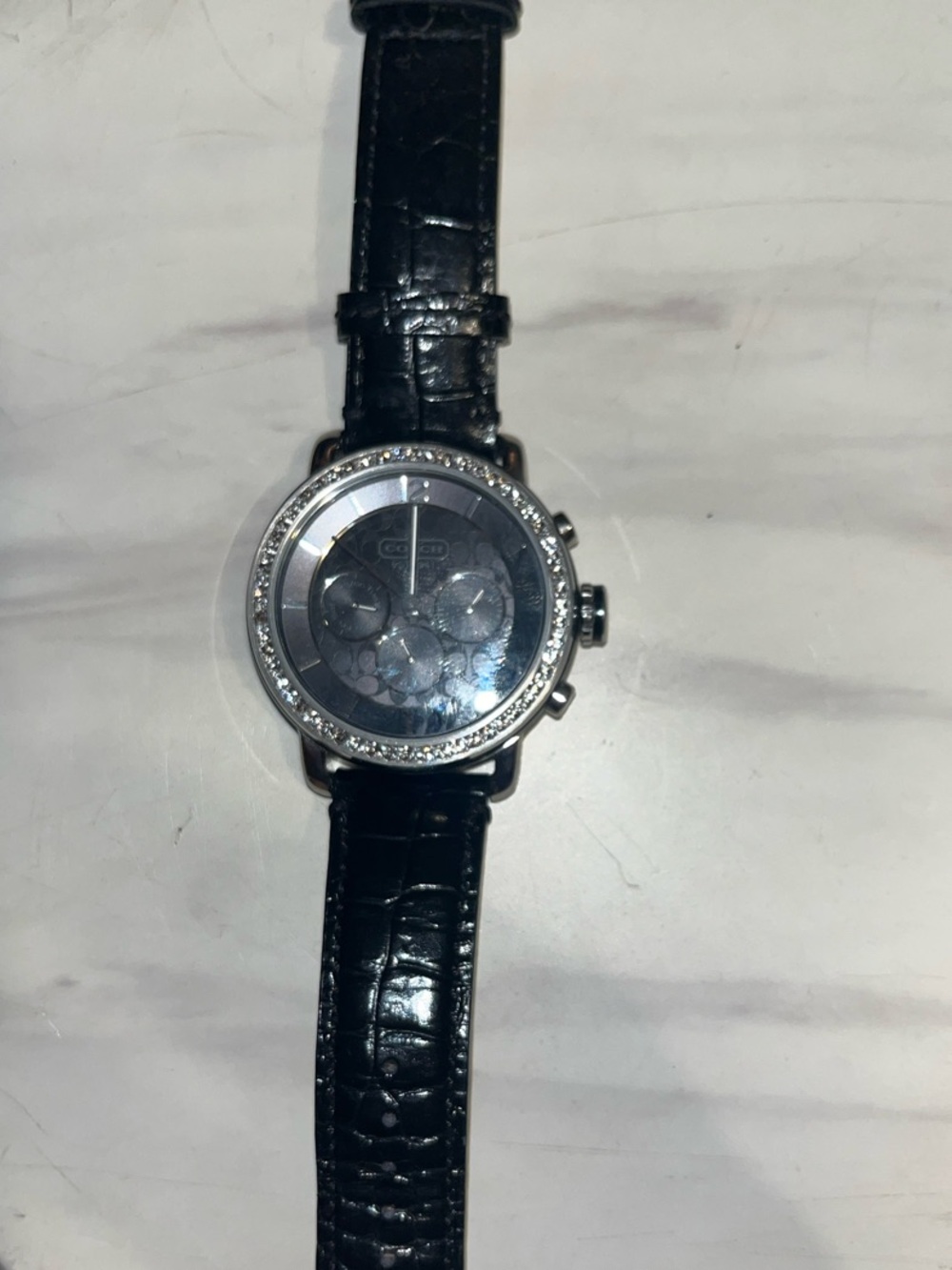 Coach Black Leather Strap Crystal Bezel Women's Watch